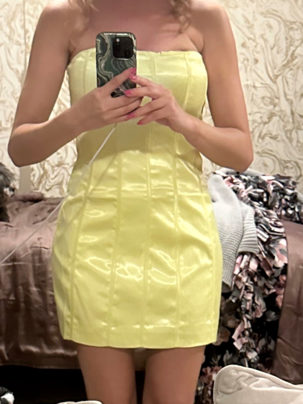 Meshki Yellow Green Strapless Satin Mini Dress
